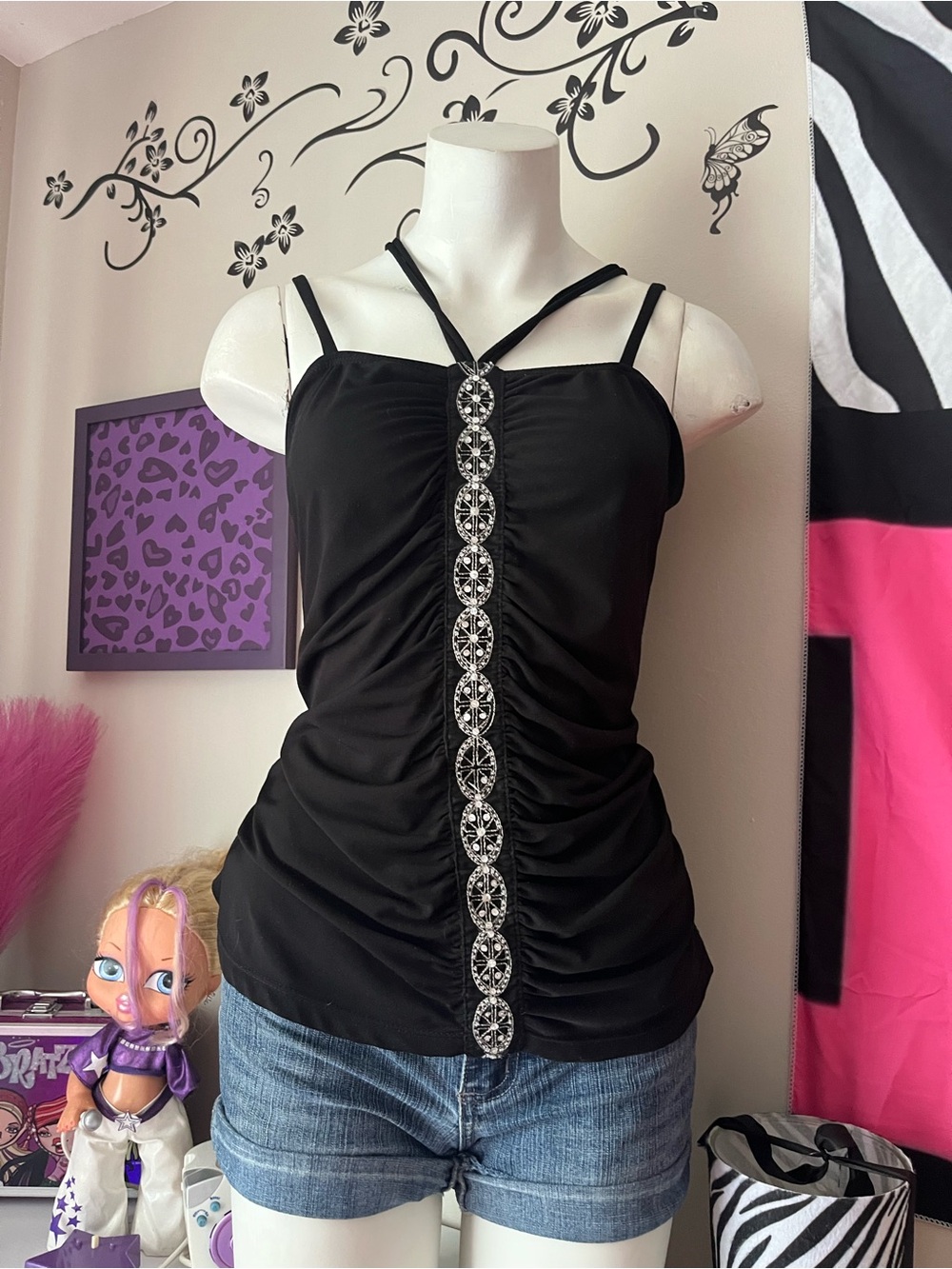 Women’s Black Embellished Ruched Strappy Cami - Unbranded